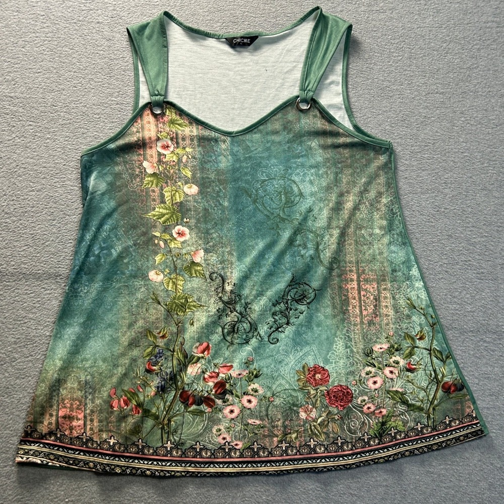 ChicMe Sleeveless Tank‎ Top Womens XL Sage Green Floral Print Tunic Boho Flowy